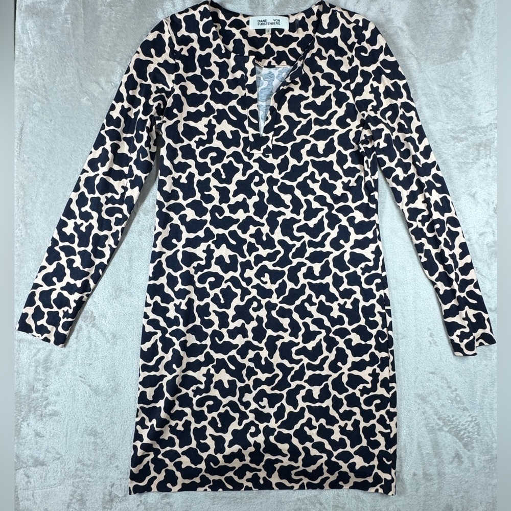 Diane Von Furstenberg DVF Silk Blend Navy Blue Light Peach Pink Tunic Dress 6